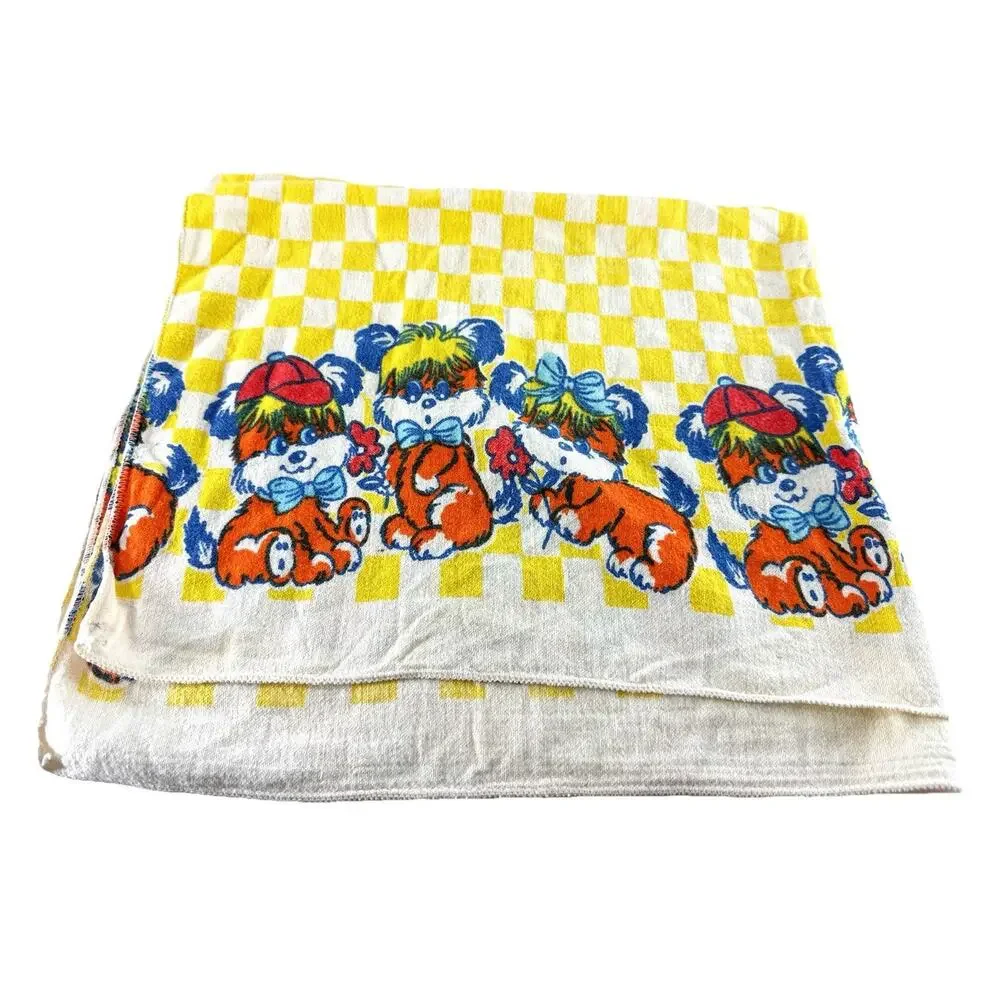 Vintage Puppy Dog Baby Blanket Terrycloth Yellow Checkered Retro Nursery 28x34